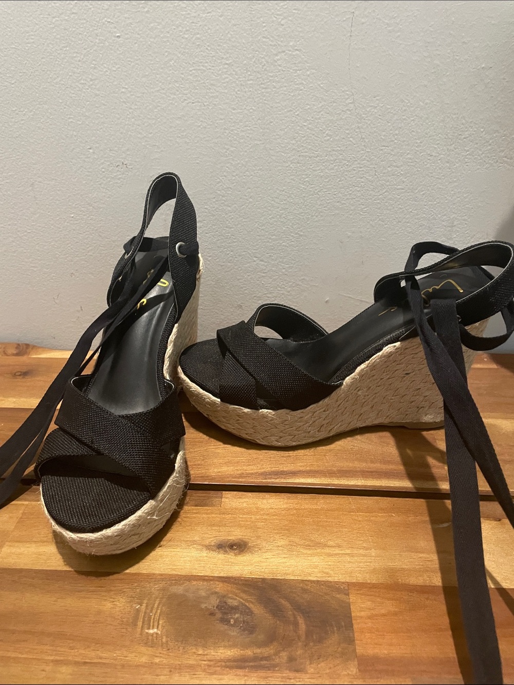 Black espadrille wedges with ties